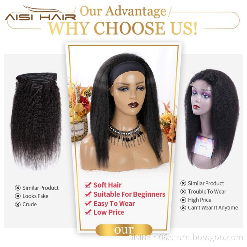 Aisi Hair wholesale private label cap adjustable attached bandage kinky bob black women yaki synthetic headband wig